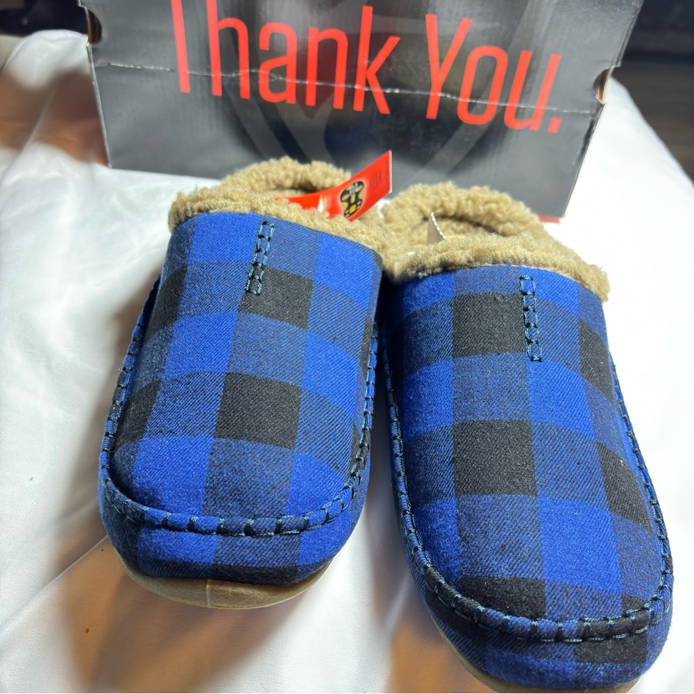 Deer Stags Nordic Slippers Men’s‎ 12 Blue Black Plaid Indoor Outdoor Memory Foam